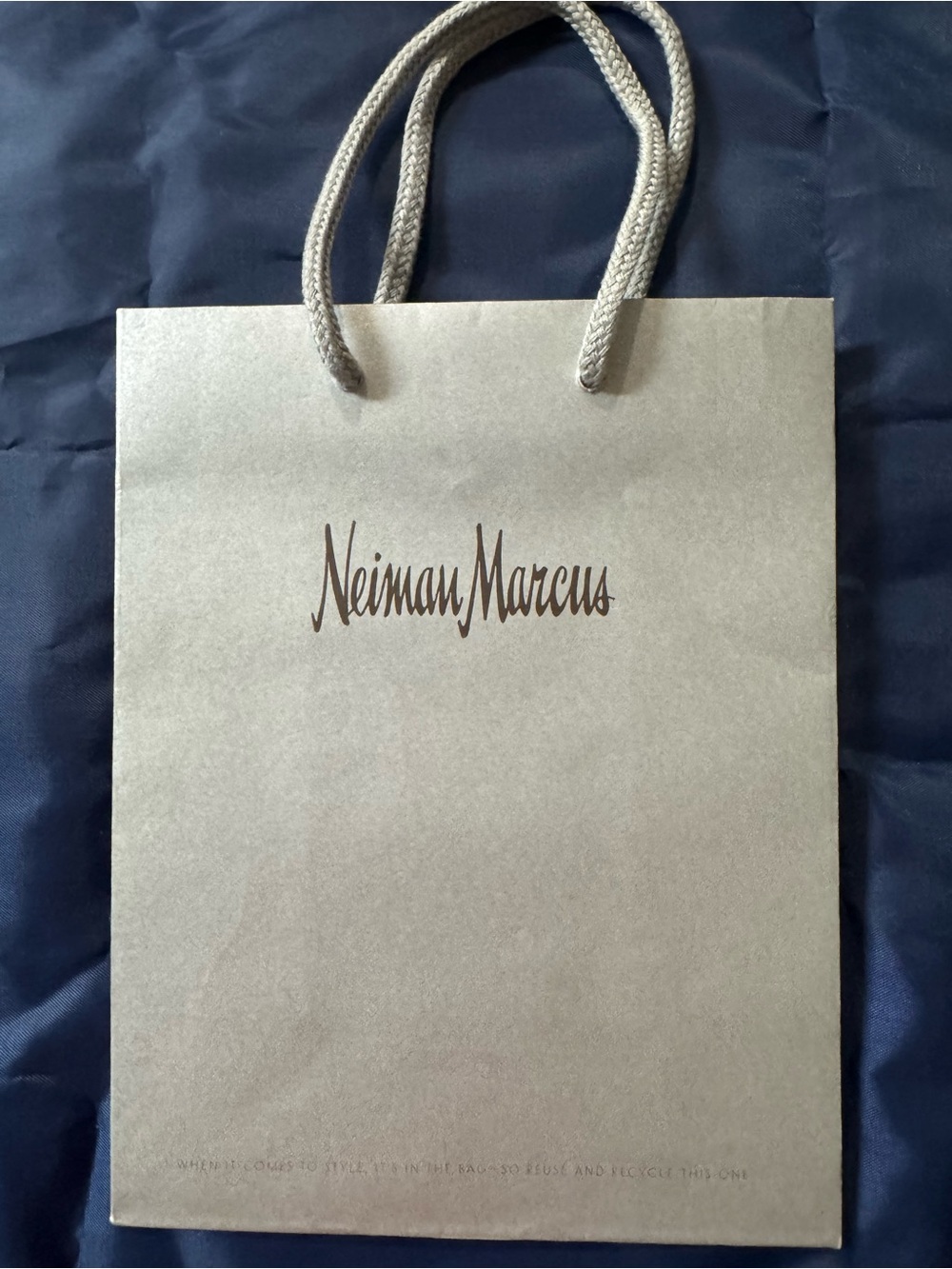 Neiman Marcus Iconic Metallic Silver Shopping/Gift Bag with Braided Handles